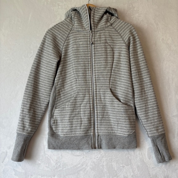 Lululemon womens gray white stripe Scuba Hoodie Classic Cotton Fleece size 6 - Picture 1 of 11